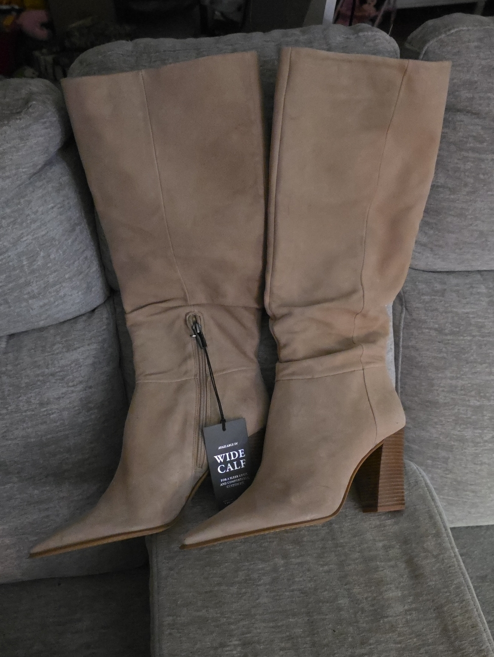 Vince Camuto Taupe Suede Leather Pointed-Toe Wide Calf Knee-High Boots